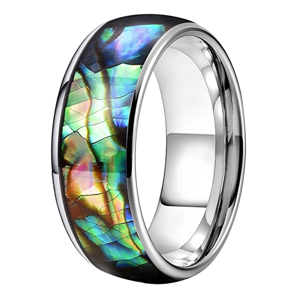 Wide Bifrost the Rainbow Bridge 8mm wide Tungsten Carbide Ring with Abalone Shell Inlay