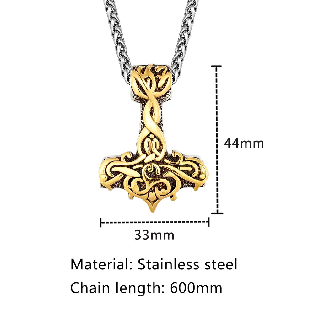 Hammer of Thor Mjolnir with Golden Bas Relief Stainless Steel Necklace