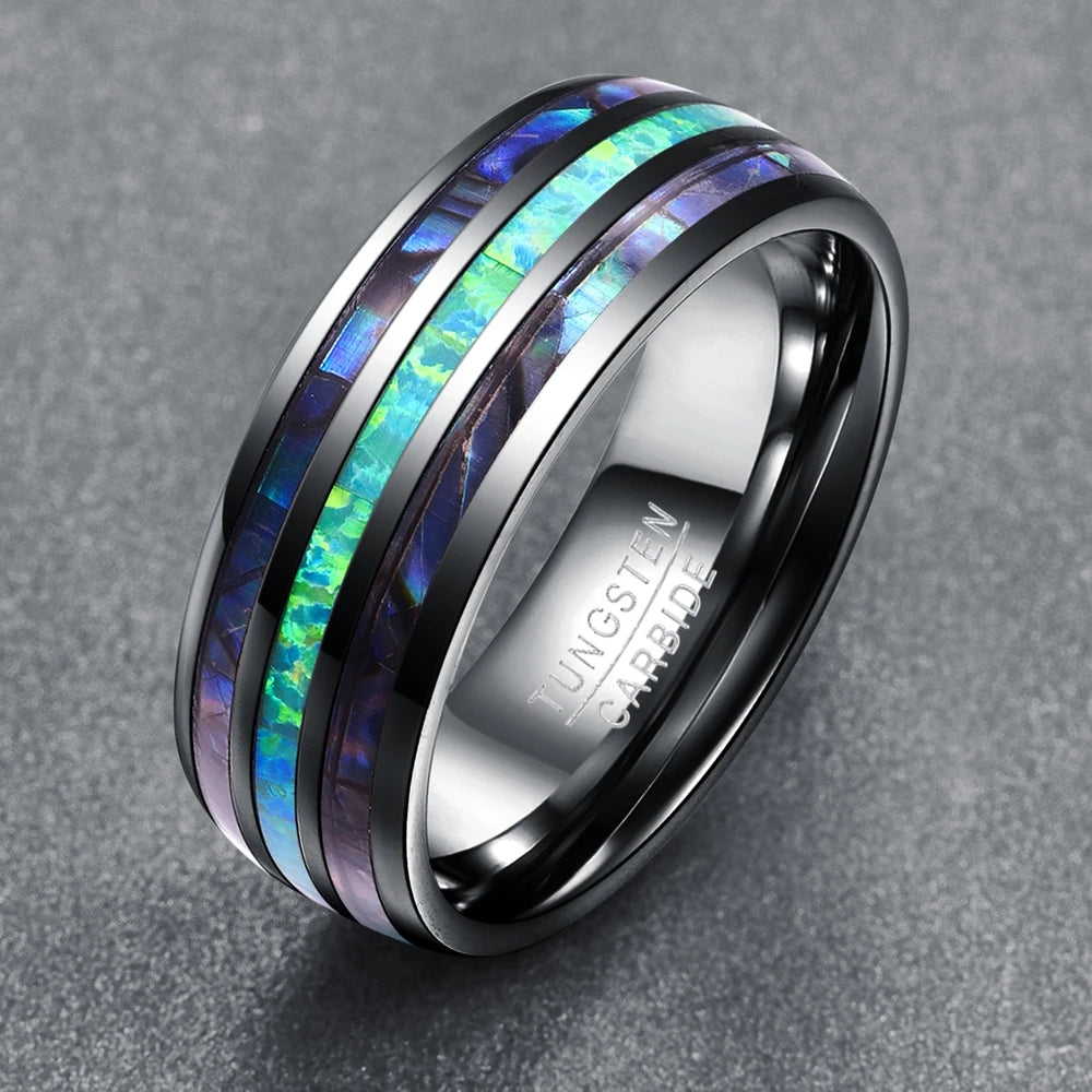 Ginnungagap Fire and Ice 8mm Tungsten Carbide Ring with Abalone Shell and Green Opal Stone