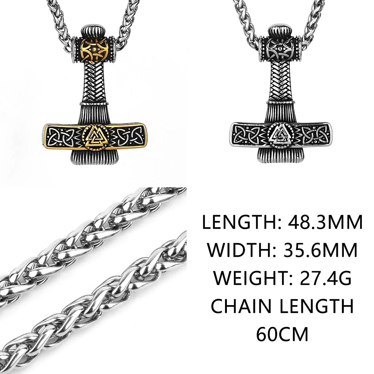 Mjolnir Necklace with Valknut Relief Stainless Steel Necklace