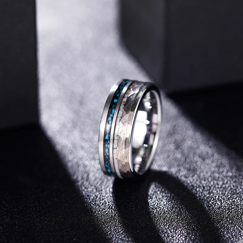 Thor and Sif Wedding Band in 8mm Tungsten Carbide with Deer Antler and Crushed Turquoise