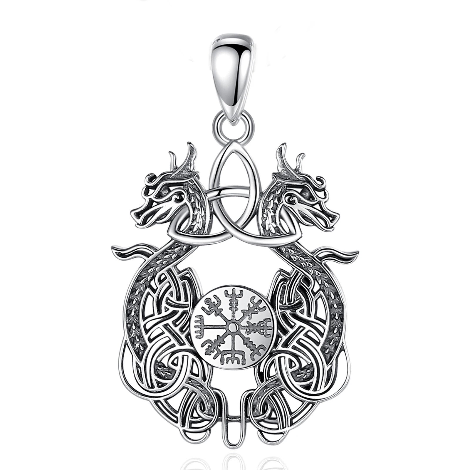 Norse Dragon and Vegvisir 925 Sterling Silver Necklace
