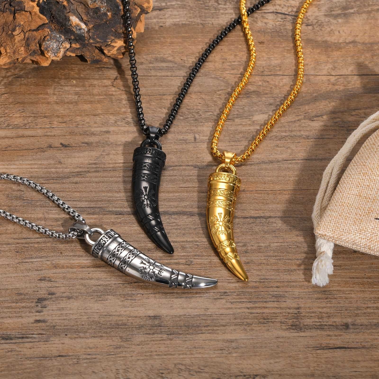 Gjallarhorn the Horn of Heimdall With Vegvisir Rune Stainless Steel Necklace