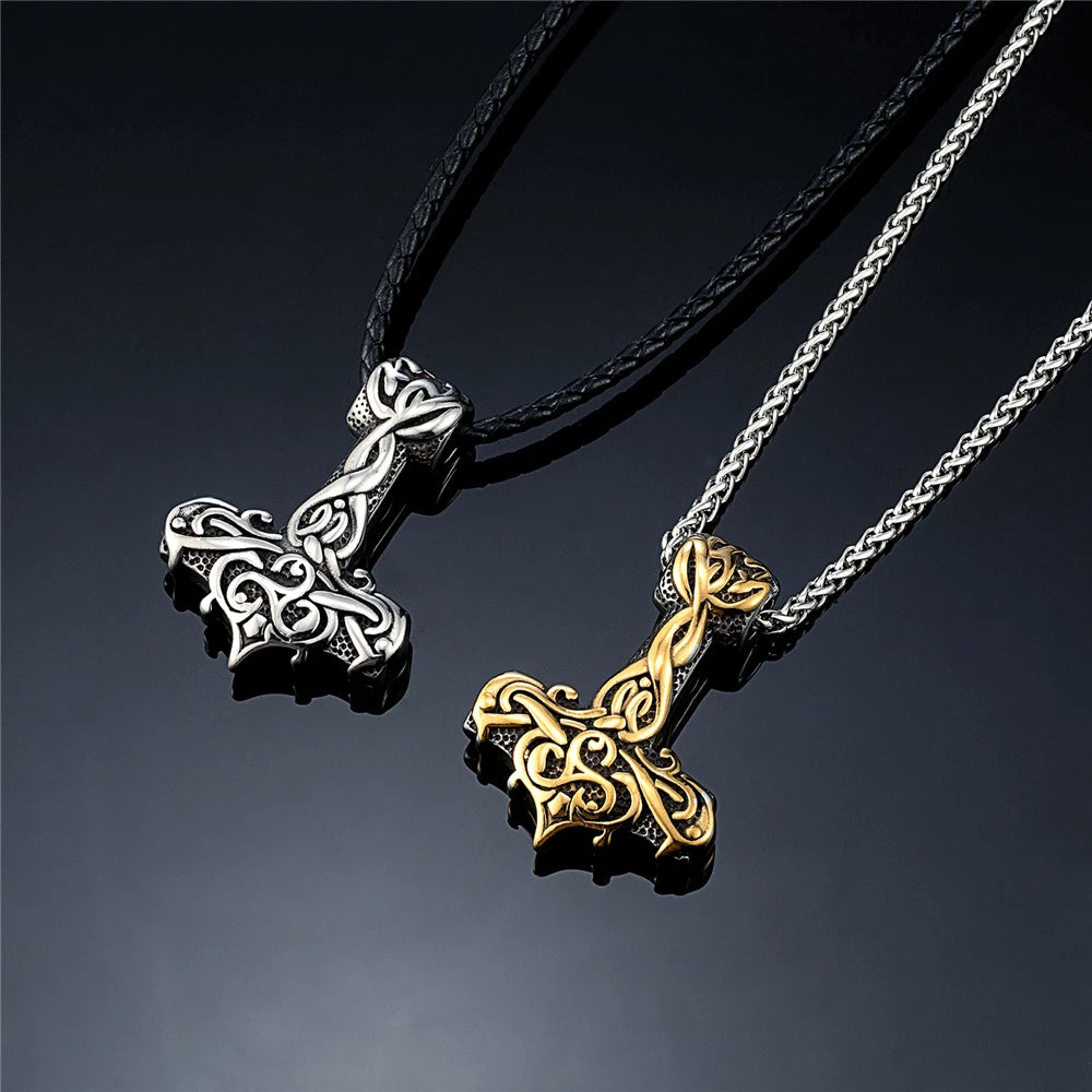 Hammer of Thor Mjolnir with Golden Bas Relief Stainless Steel Necklace