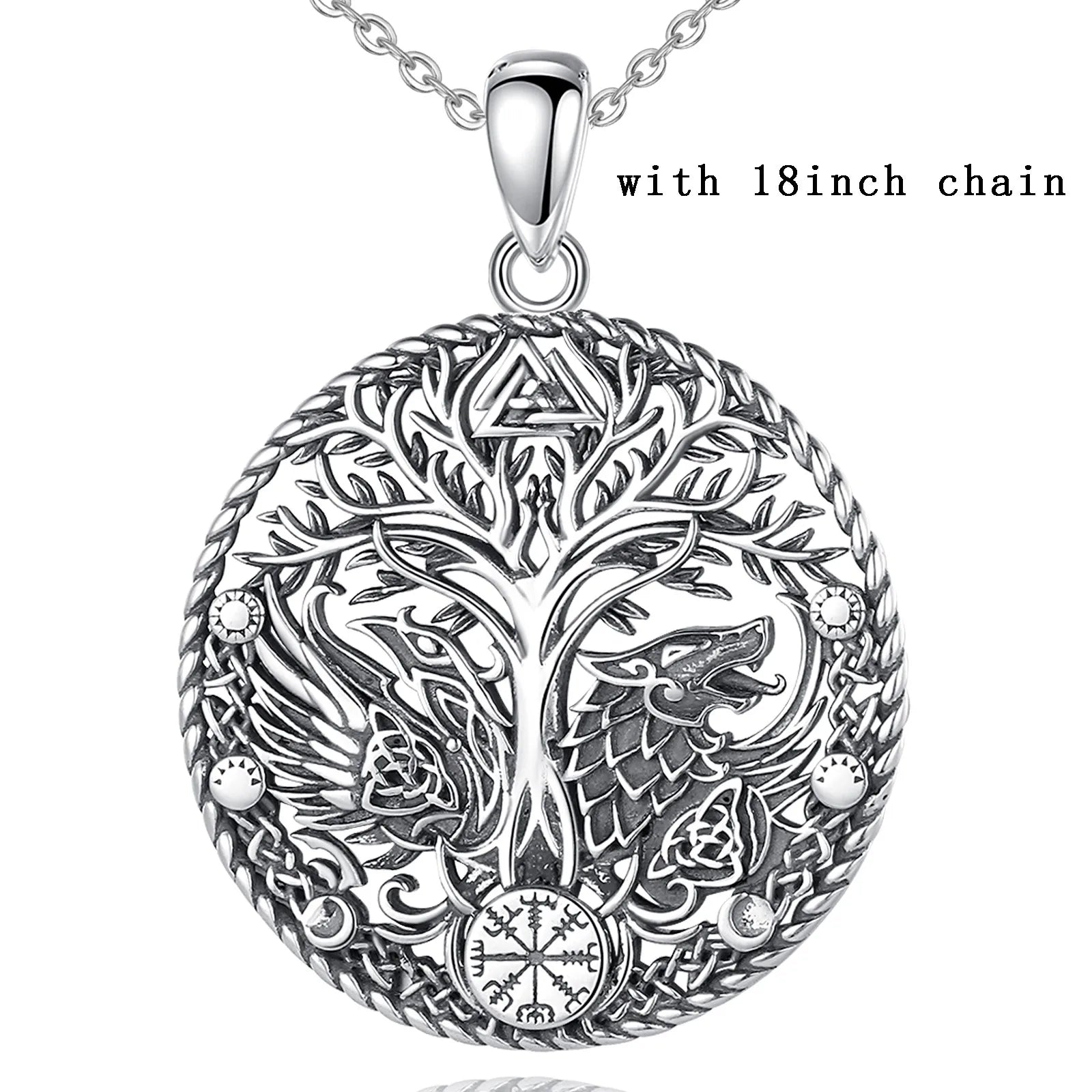 Wolf and Raven over Yggdrasil 925 Sterling Silver Necklace