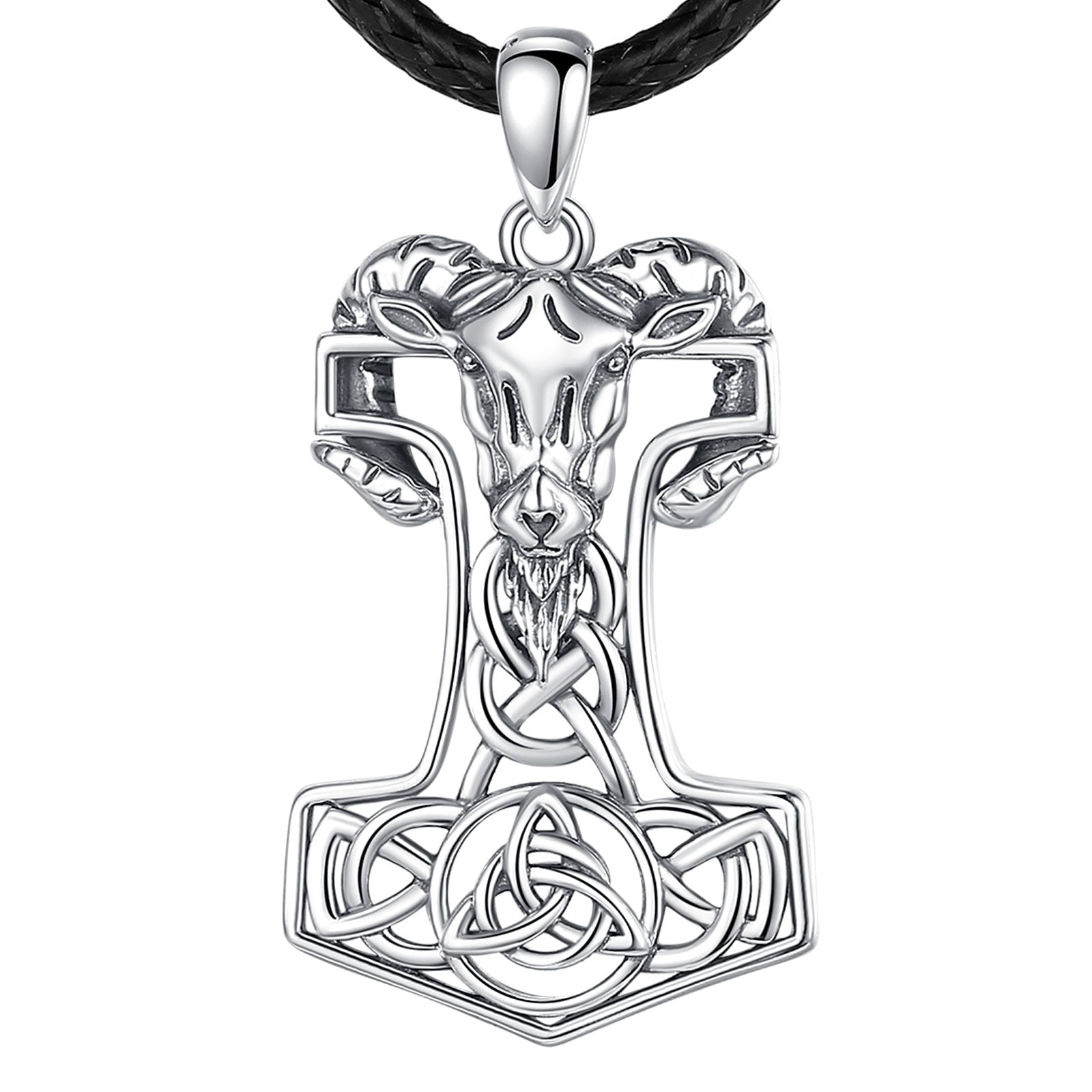 Mjolnir with Goat and Triskele 925 Sterling Silver Necklace