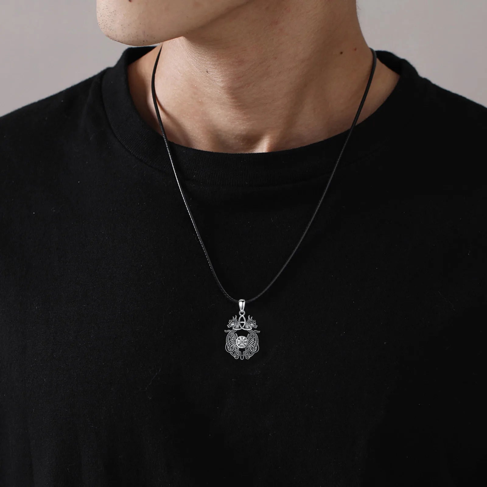Norse Dragon and Vegvisir 925 Sterling Silver Necklace