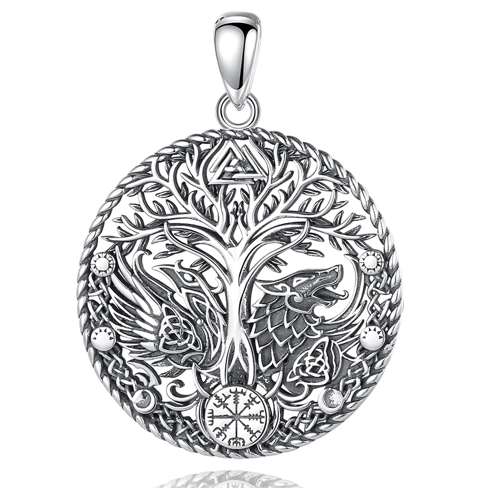 Wolf and Raven over Yggdrasil 925 Sterling Silver Necklace