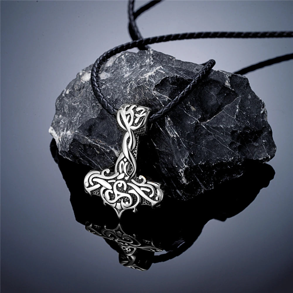 Hammer of Thor Mjolnir with Golden Bas Relief Stainless Steel Necklace