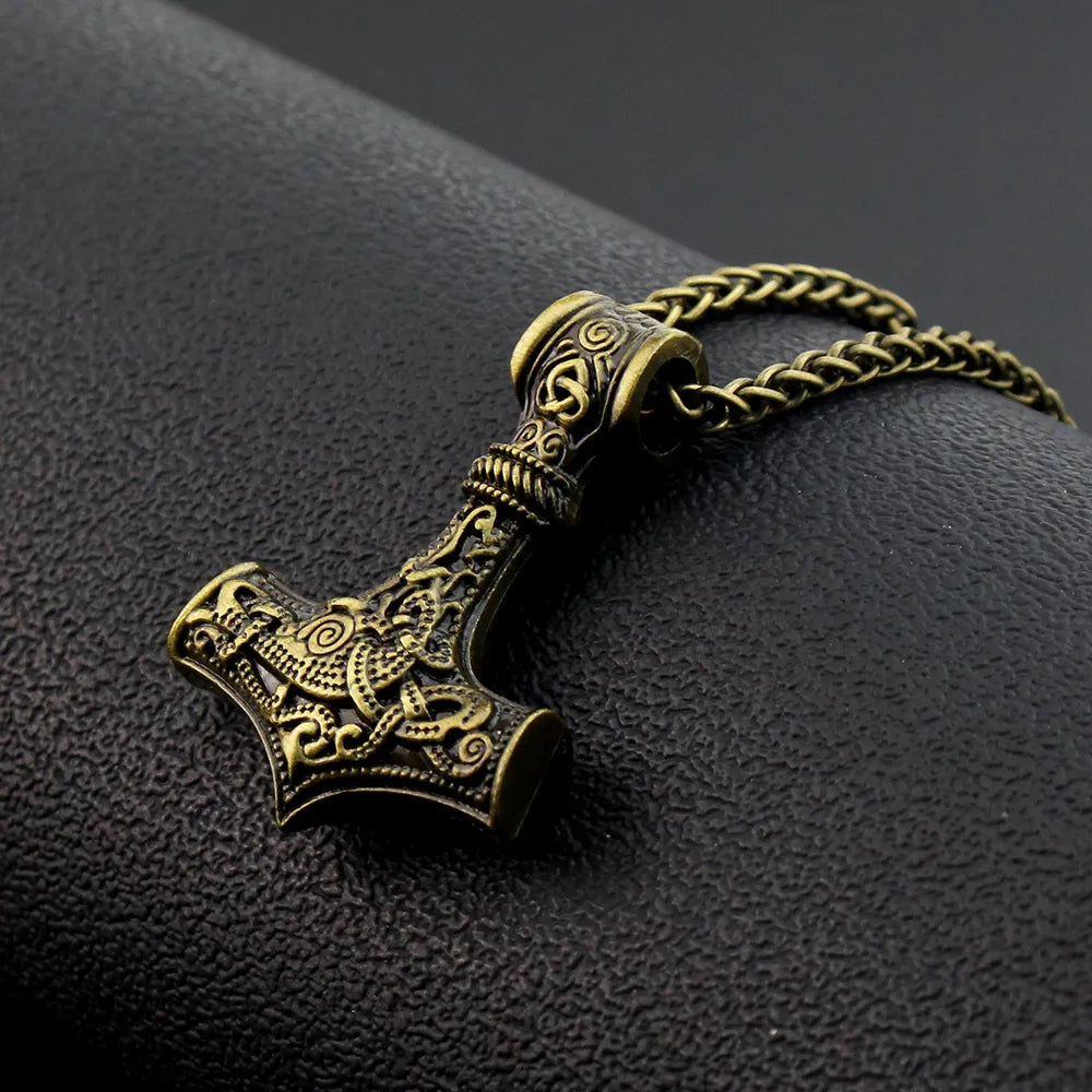 Brass Mjolnir Necklace Thor's Hammer with Norse Knot Motif