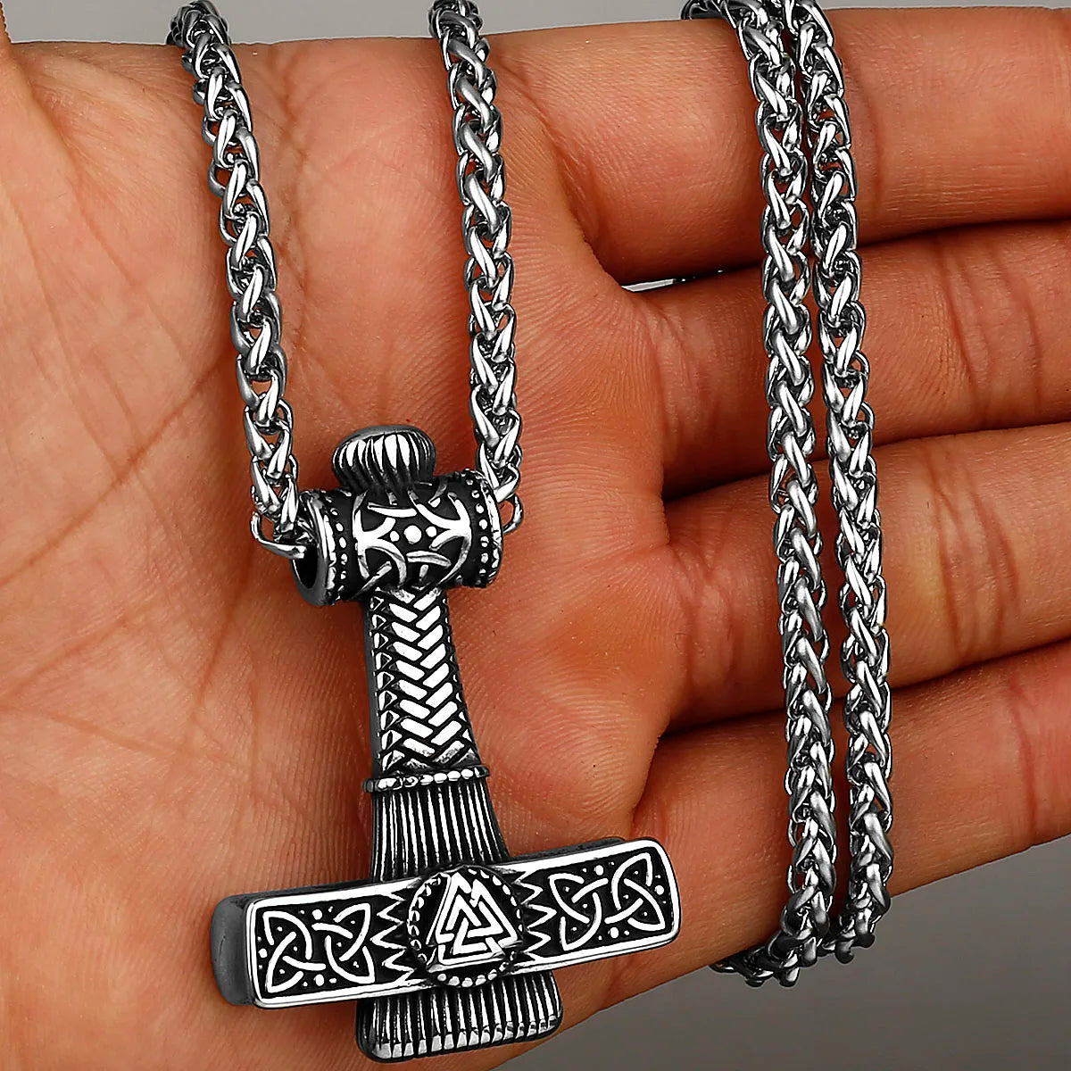 Mjolnir Necklace with Valknut Relief Stainless Steel Necklace