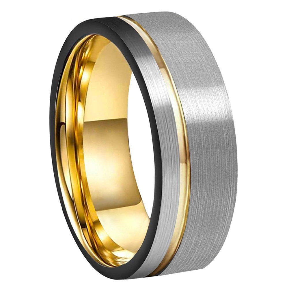 Tungsten carbide store ring gold inlay