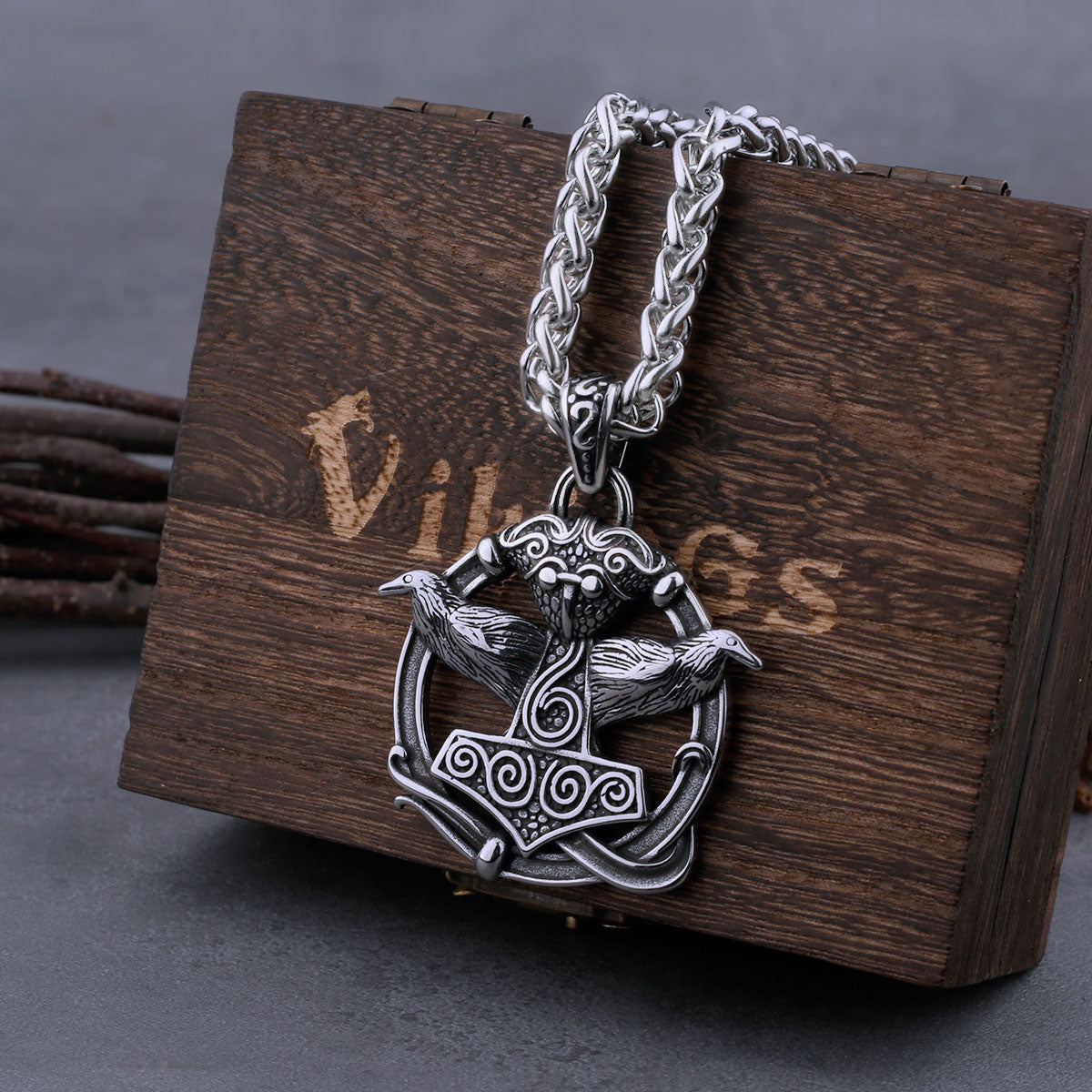 Hugin and Munin Bring Thor Hammer Mjolnir Stainless Steel Necklace