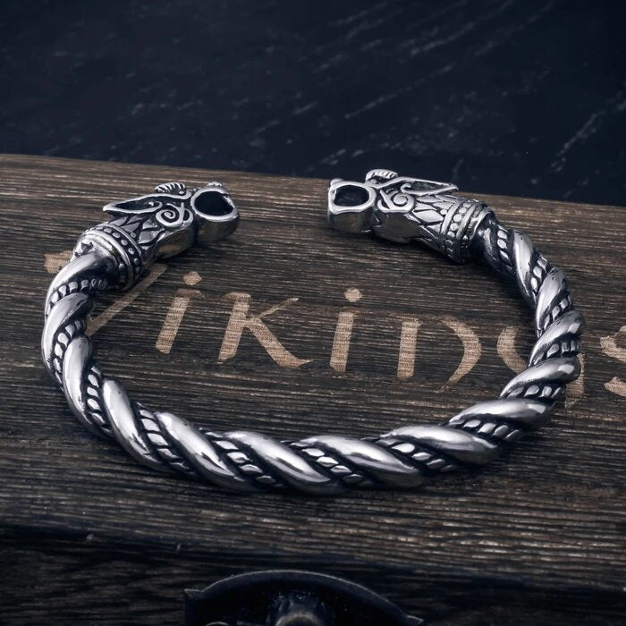 LynnAround Viking Fenrir Wolf Head Bronze Bangle Cuff Bracelet - Adjustable Pagan Arm Ring
