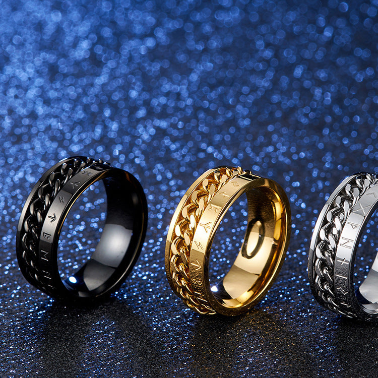Viking Rune Ring with Rotatable Chain 316L Stainless Steel