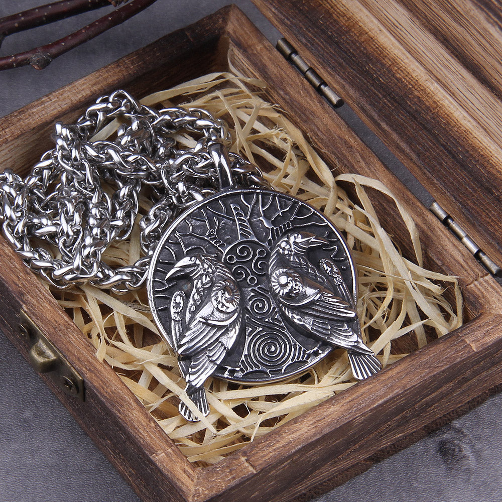 Huginn and Muninn Over Yggdrasil Stainless Steel Necklace