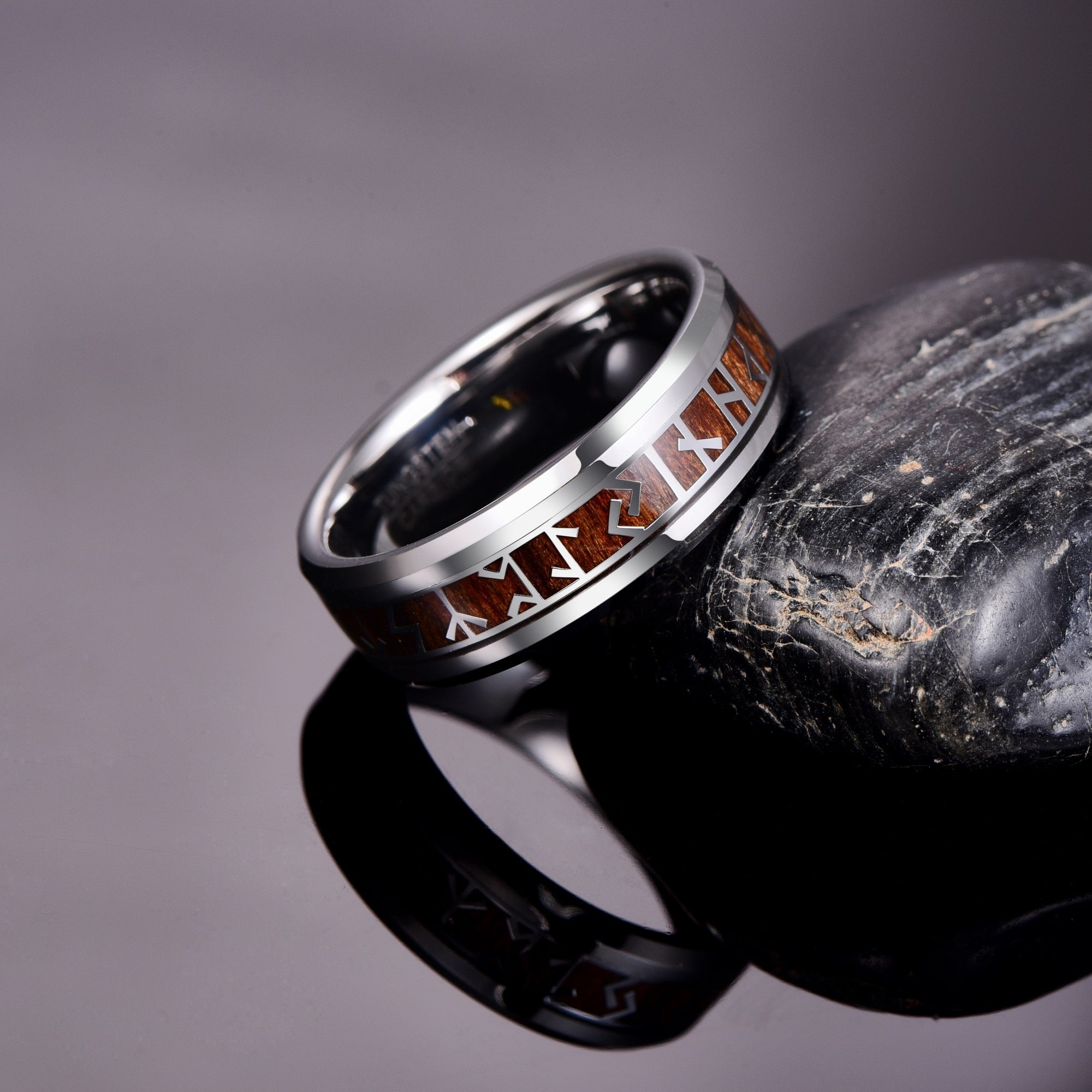 Viking Rune Ring in Tungsten Carbide with Wood Inlay Groove 8mm wide