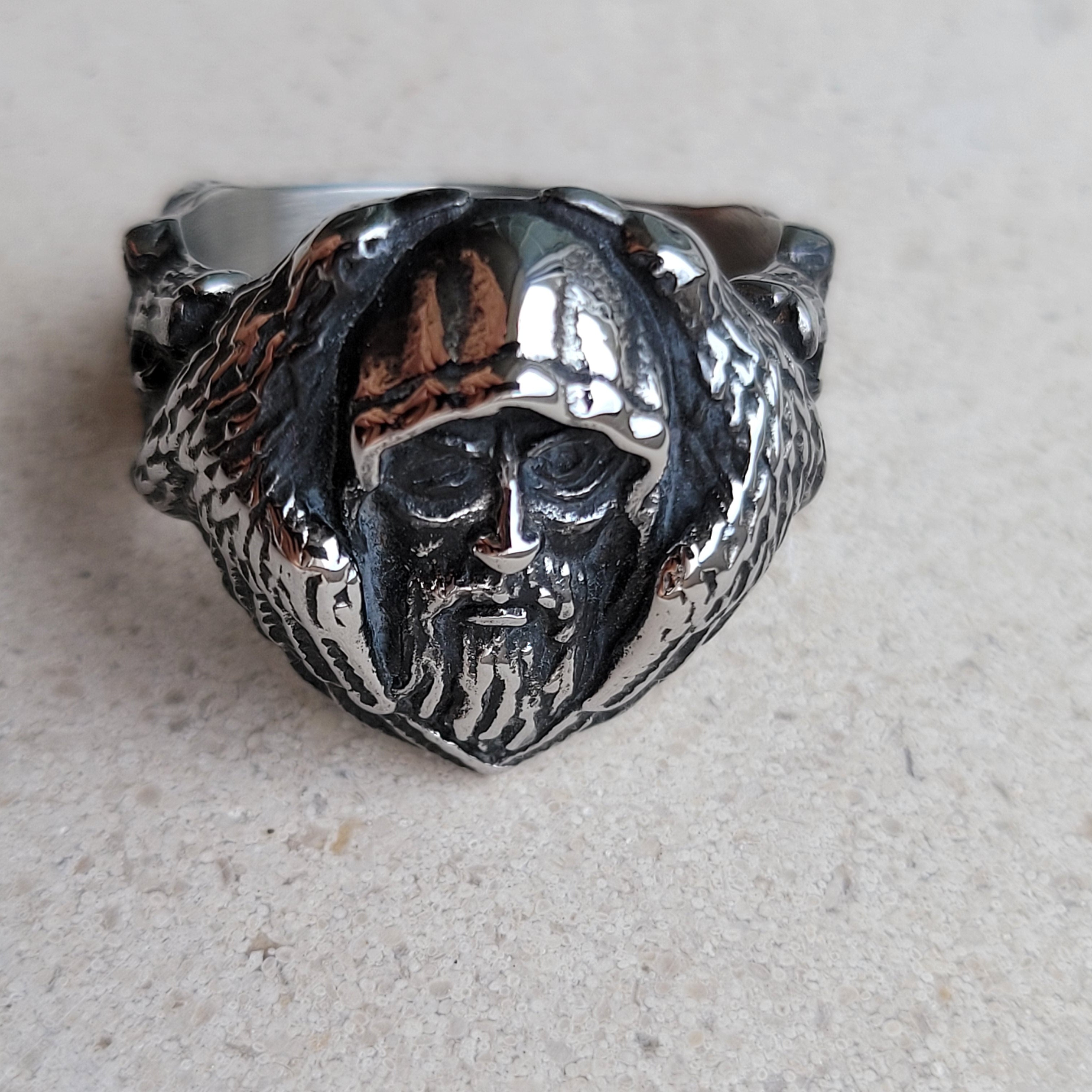 Odin with his Ravens Hugin and Munin and his Wolves Geri and Freki Stainless Steel Ring