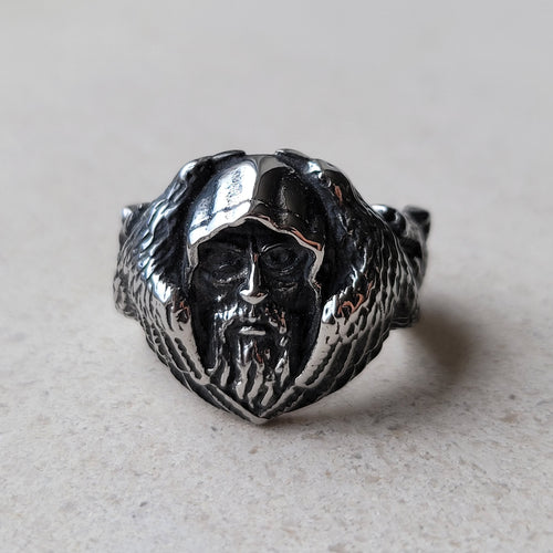 Odin with his Ravens Hugin and Munin and his Wolves Geri and Freki Stainless Steel Ring