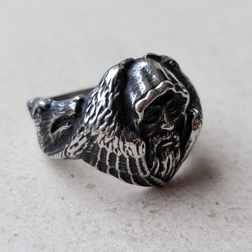 Odin with his Ravens Hugin and Munin and his Wolves Geri and Freki Stainless Steel Ring