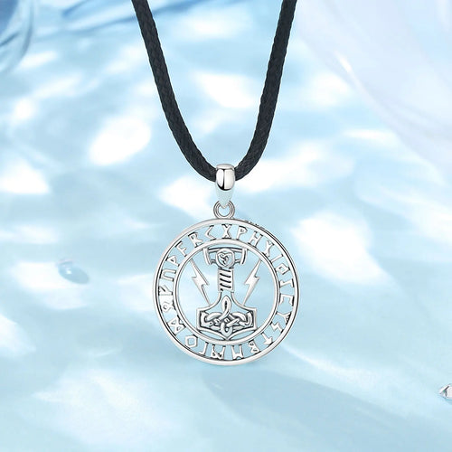 Mjolnir Encircled in Runes 925 Sterling Silver Necklace