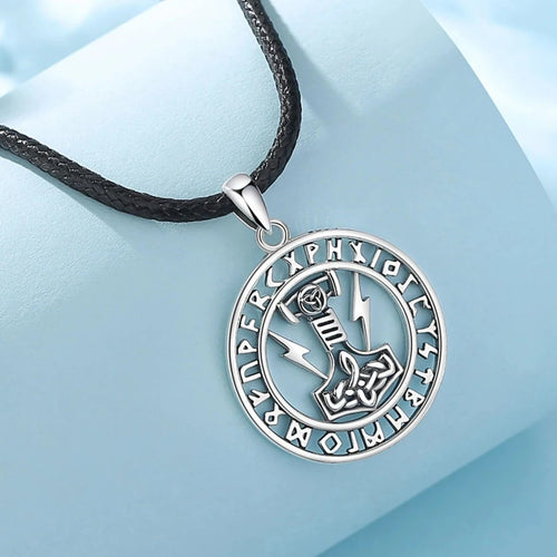 Mjolnir Encircled in Runes 925 Sterling Silver Necklace