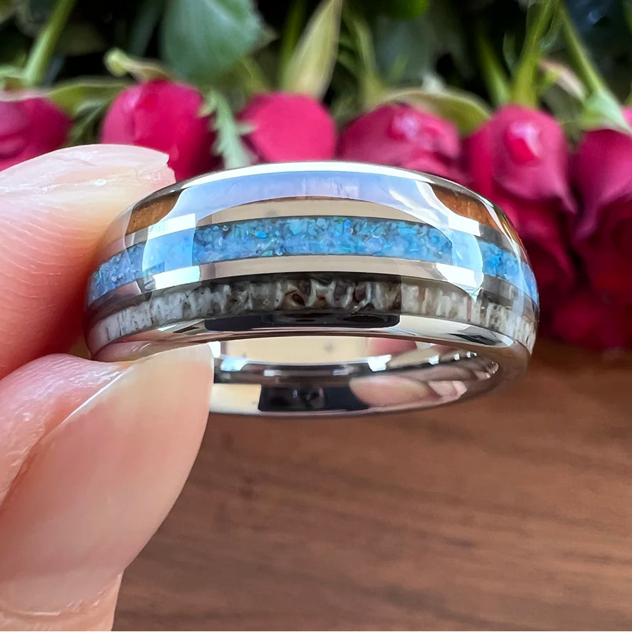 Blessing of Freyr Tungsten Carbide and Deer Antler Ring and Wedding Band