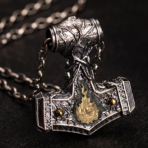 Flaming Mjolnir Necklace in 925 Sterling Silver