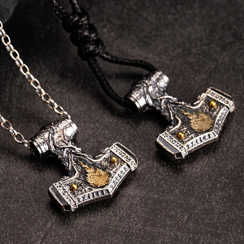 Flaming Mjolnir Necklace in 925 Sterling Silver