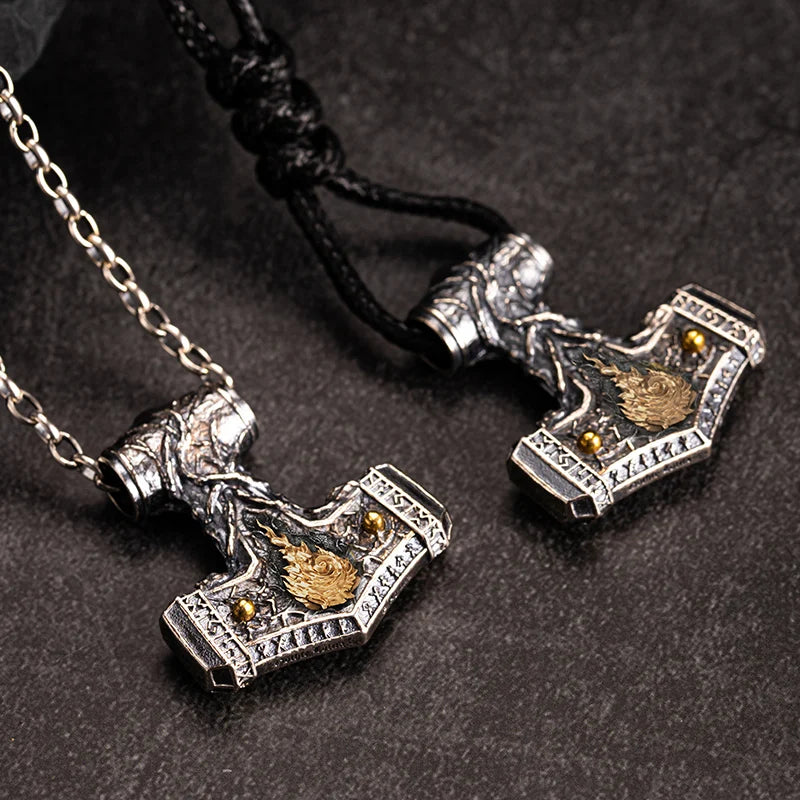 Flaming Mjolnir Necklace in 925 Sterling Silver