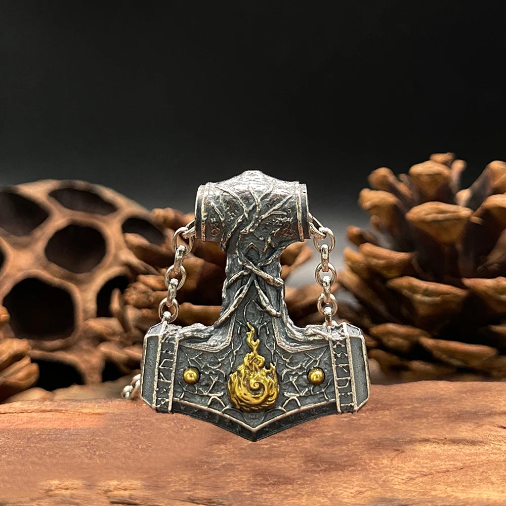 Flaming Mjolnir Necklace in 925 Sterling Silver