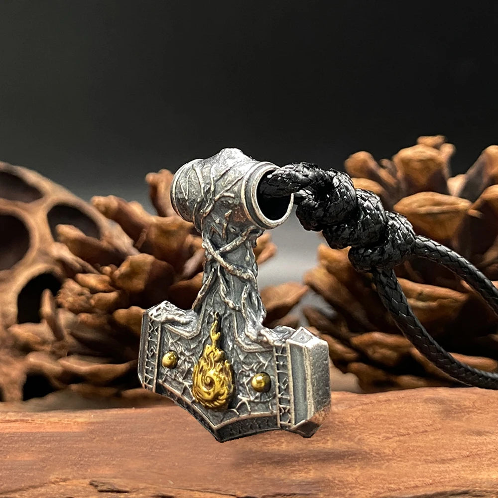 Flaming Mjolnir Necklace in 925 Sterling Silver