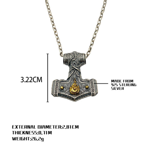 Flaming Mjolnir Necklace in 925 Sterling Silver