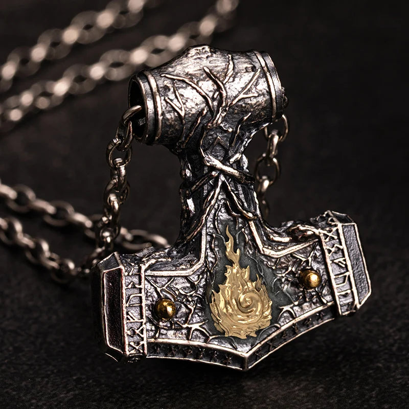 Flaming Mjolnir Necklace in 925 Sterling Silver