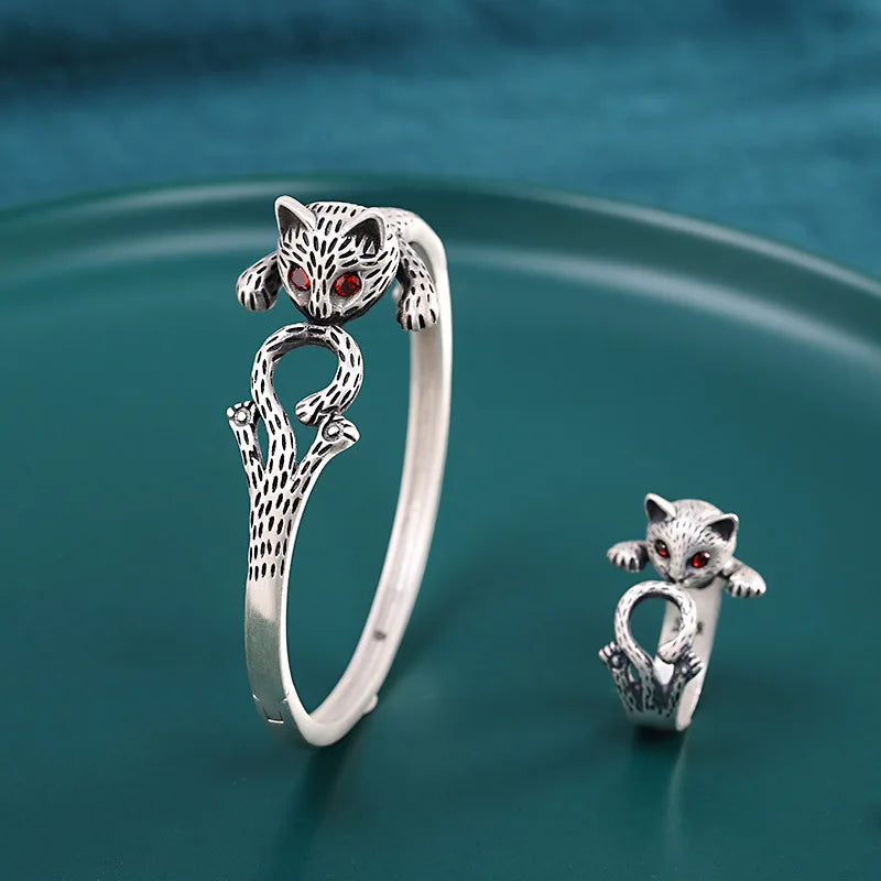 Freya's Cat Ring and Bracelet in Fine 990 Silver