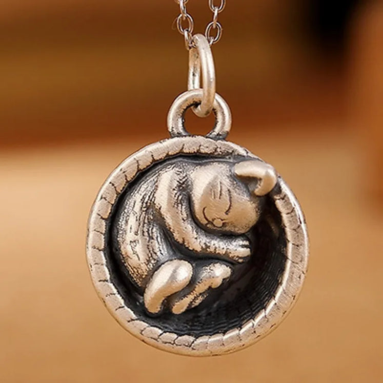 Freyja Cat in a Basket 990 Fine Silver Necklace