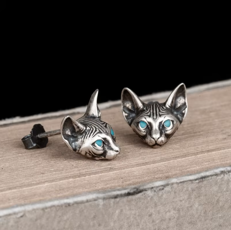 Freyja Sphynx Cat 925 Sterling Silver Stud Earrings