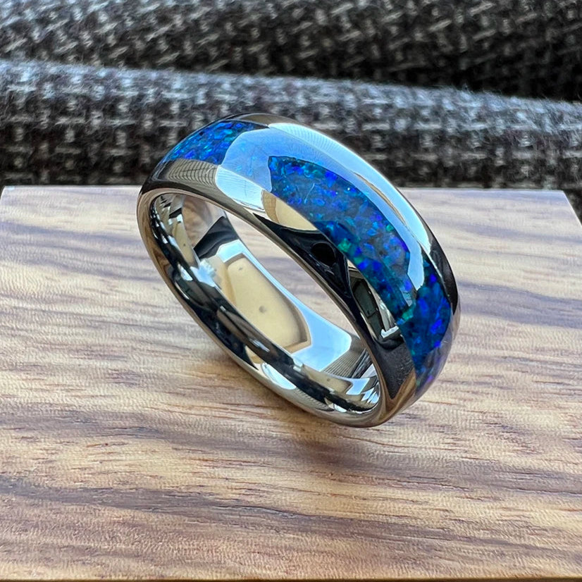 Ginnungagap Fire and Ice Tungsten Carbide Ring with Opal Stone