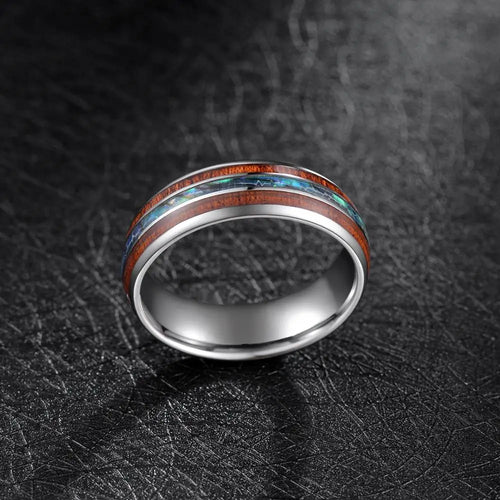 Bifrost, der Regenbogenbrücke nach Walhalla Wolframcarbid-Ring mit blauem Opal-Inlay