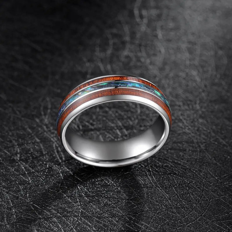 Bifrost, the Rainbow Bridge to Valhalla Tungsten Carbide Ring with Blue Opal Inlay