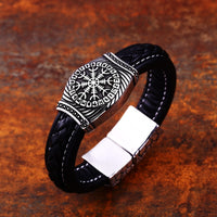 Viking Staves Valknut, Vegvisir and Aegishjalmur Leather and Steel Bracelet