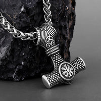Hammer of Thor Mjolnir with Aegishjalmur Rune Stainless Steel Necklace