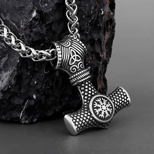 Hammer of Thor Mjolnir with Aegishjalmur Rune Stainless Steel Necklace