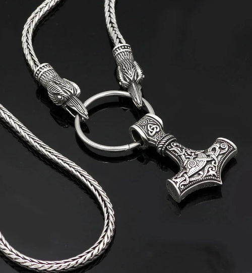 Mjolnir Hammer of Thor With Ravens Stainless Steel Necklace