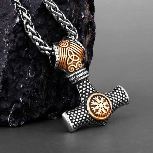 Hammer of Thor Mjolnir with Aegishjalmur Rune Stainless Steel Necklace