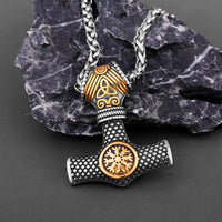Hammer of Thor Mjolnir with Aegishjalmur Rune Stainless Steel Necklace