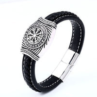 Viking Staves Valknut, Vegvisir and Aegishjalmur Leather and Steel Bracelet