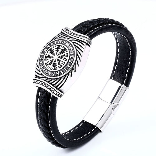 Viking Staves Valknut, Vegvisir and Aegishjalmur Leather and Steel Bracelet