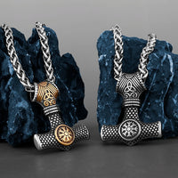 Hammer of Thor Mjolnir with Aegishjalmur Rune Stainless Steel Necklace