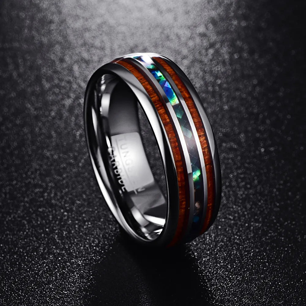 Bifrost, the Rainbow Bridge to Valhalla Tungsten Carbide 8mm Wide Ring with Blue Opal Inlay